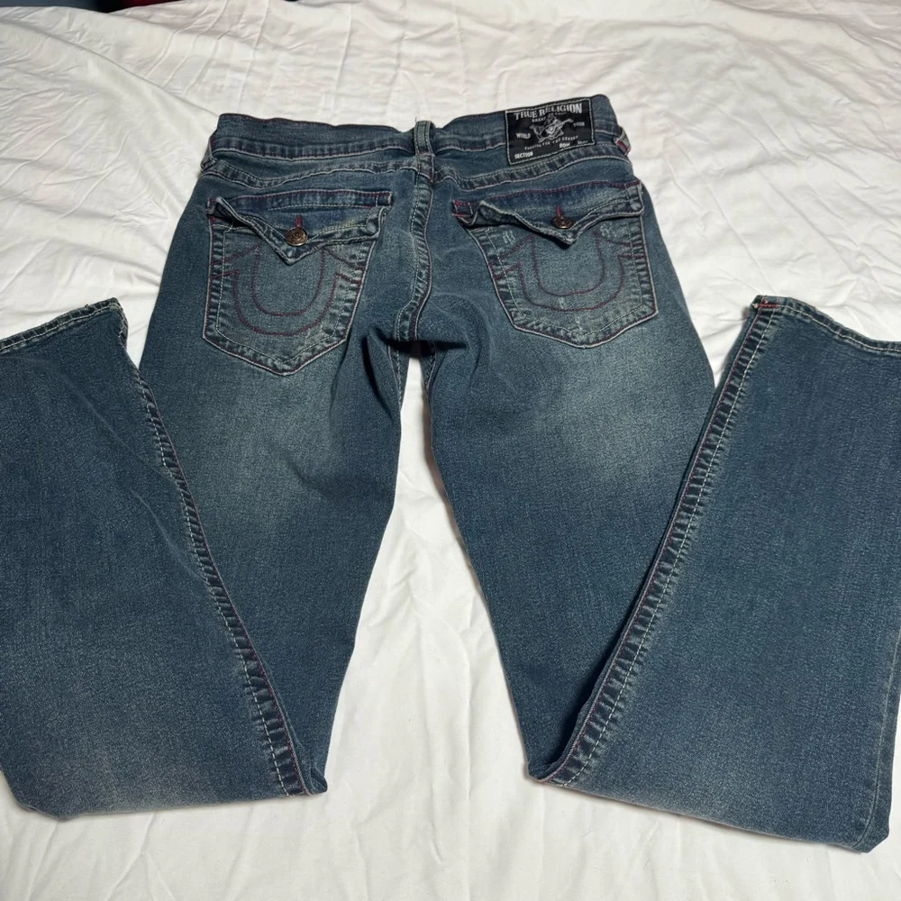 Men's True Religion Ricky Straight Jeans Waist 30 Blue with Red Stitching #90